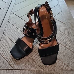 Tommy Hilfiger Women's Block Heel Slide Block Heel Gold Logo Stacked Heel